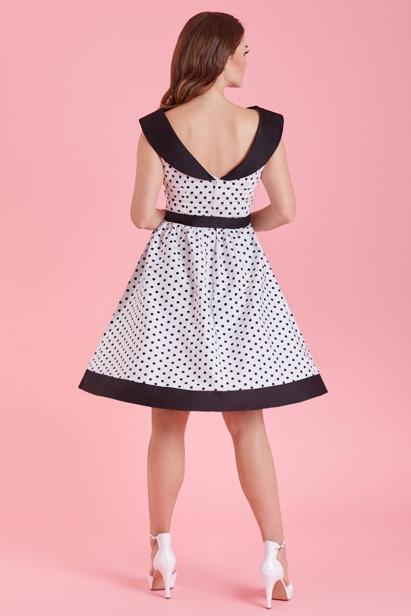 Model Wearing White & Black Polka Dot 1950's Dress, Back View