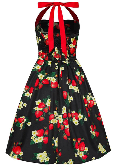 Sophia halterneck dress, in black, with red strawberries and white flowers, back view