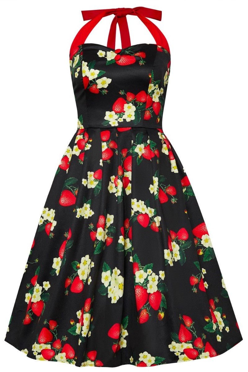 Sophia halterneck dress, in black, with red strawberries and white flowers, front view