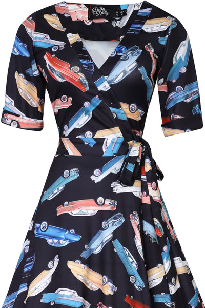 Close up view of Woman's Classic Car Print Knit Wrap Dress in Black