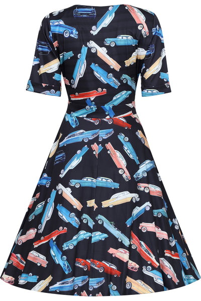Back view of Woman's Classic Car Print Knit Wrap Dress in Black