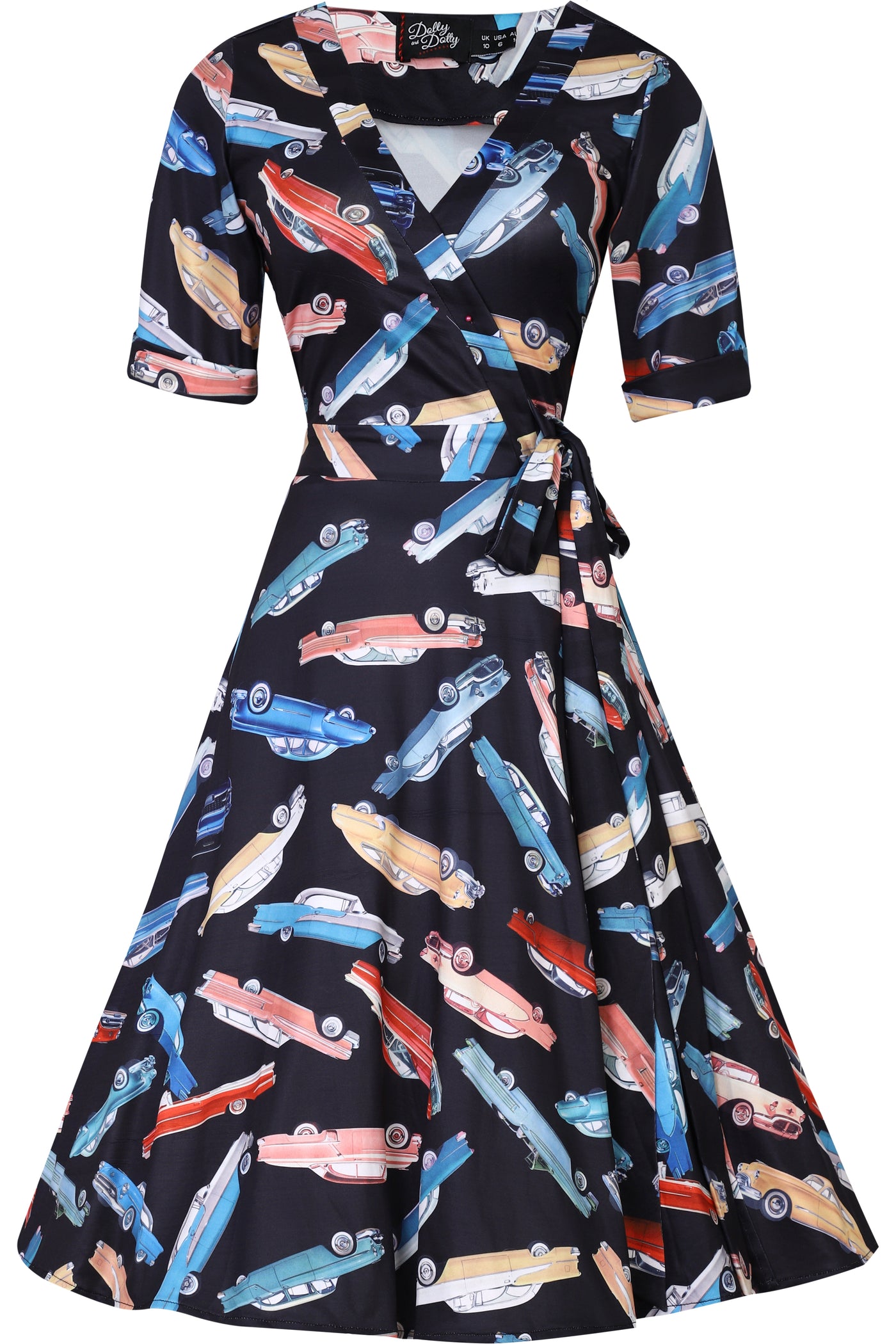 Front view of Woman's Classic Car Print Knit Wrap Dress in Black