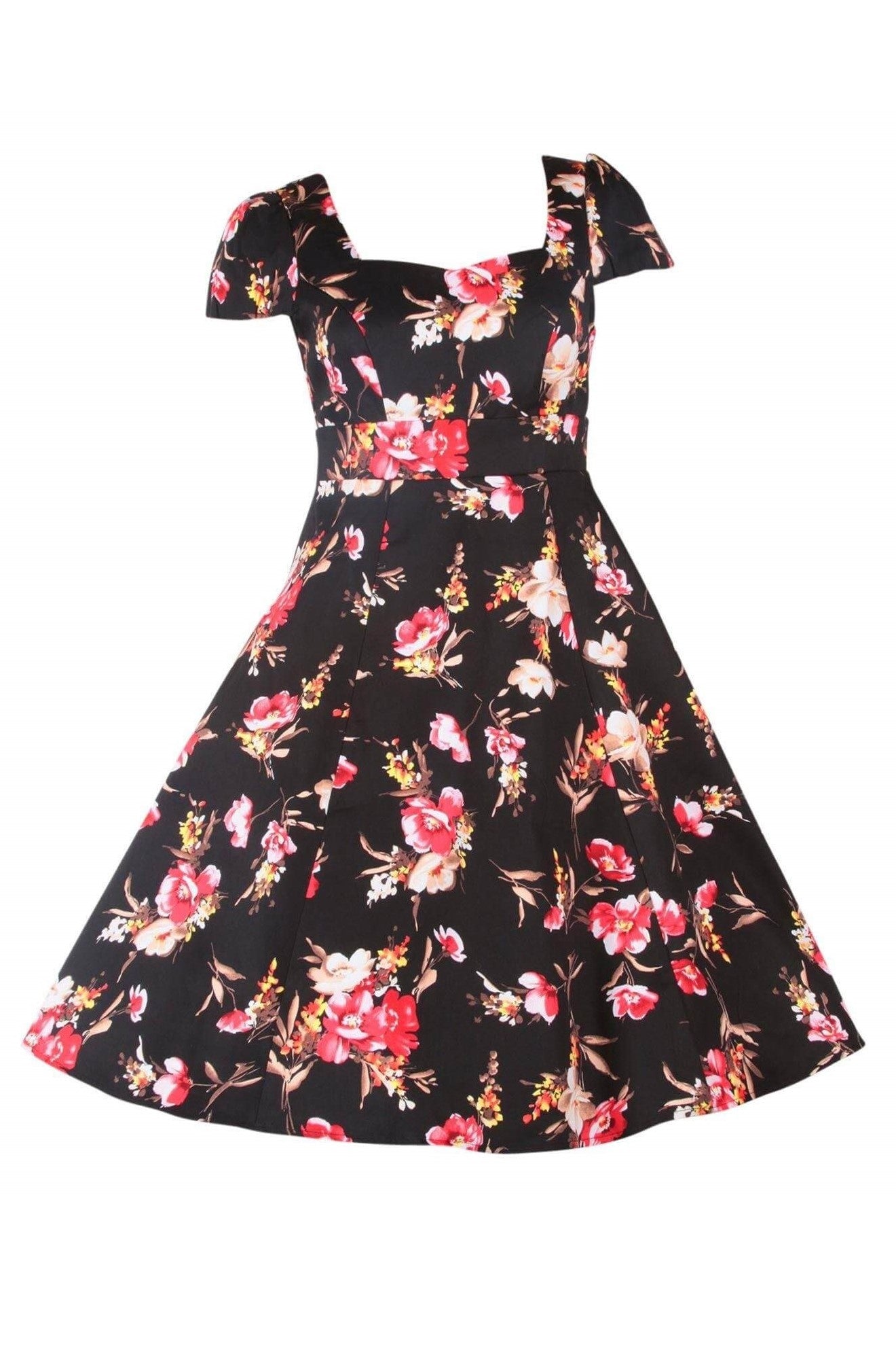 Claudia Flirty Fifties Swing Floral Dress in Black/Pink