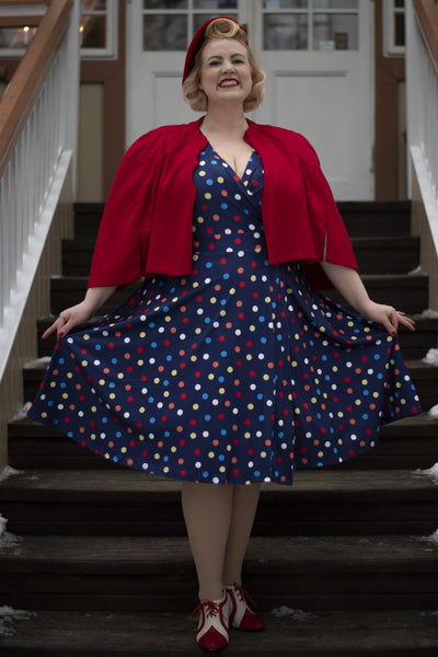 Woman's Colourful Polka Dot Knit Wrap Dress in Dark Blue
