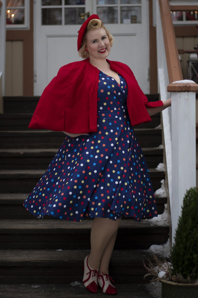 Woman's Colourful Polka Dot Knit Wrap Dress in Dark Blue