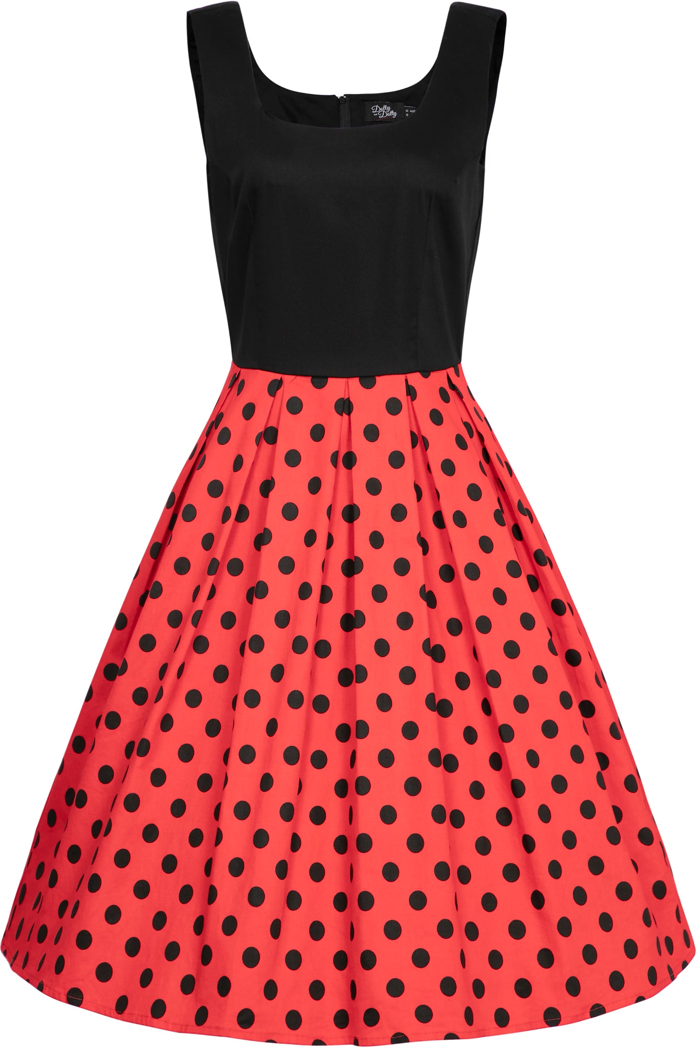 Sleeveless Amanda dress, with black top and red skirt, with black polka dot spots, front view