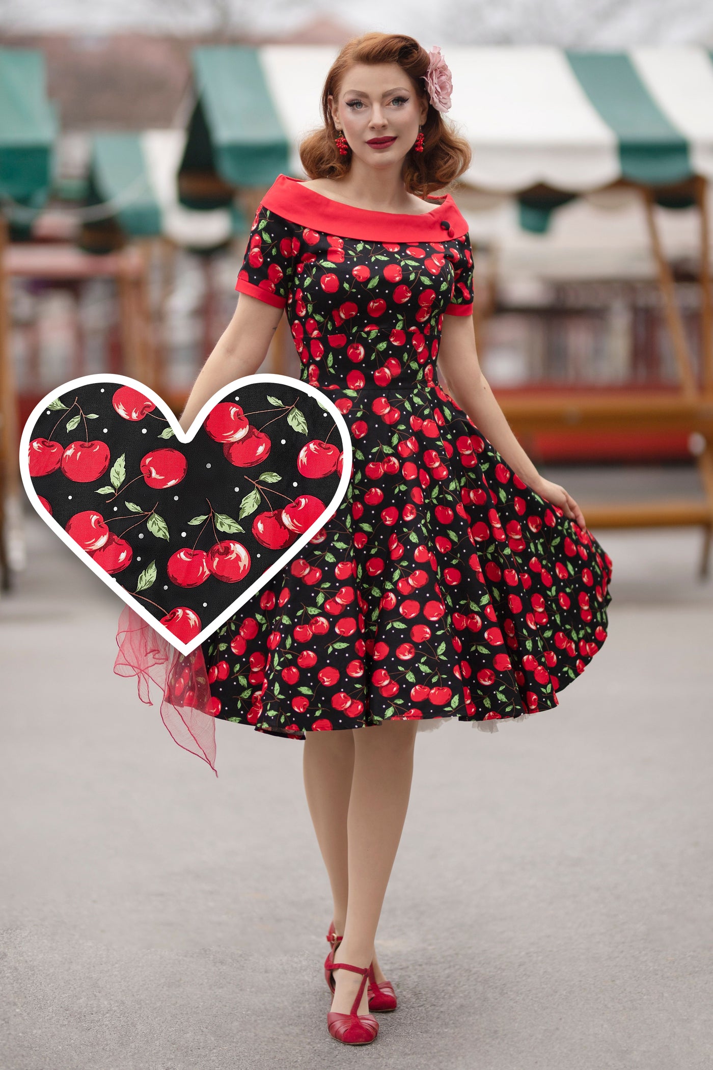 Darlene Off-Shoulder Swing Dress in Black/Red Cherry Print