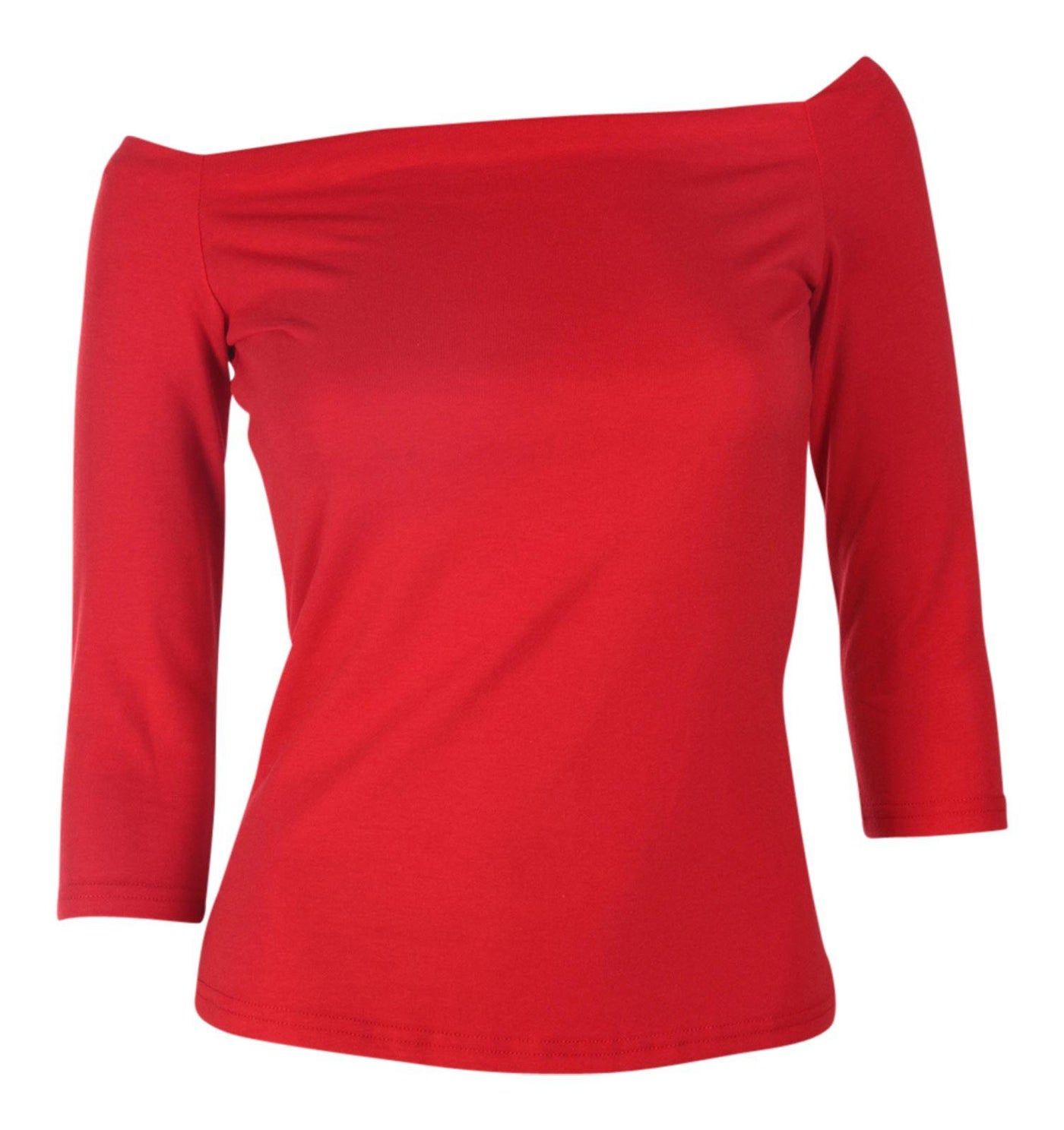 Retro red off shoulder, long sleeve top, front view