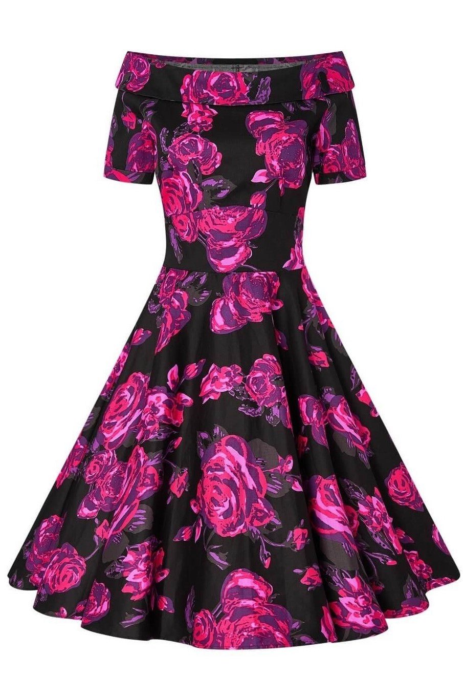 Darlene Retro Black-Pink Roses Swing Dress1