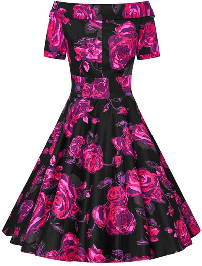 Darlene Retro Black-Pink Roses Swing Dress4