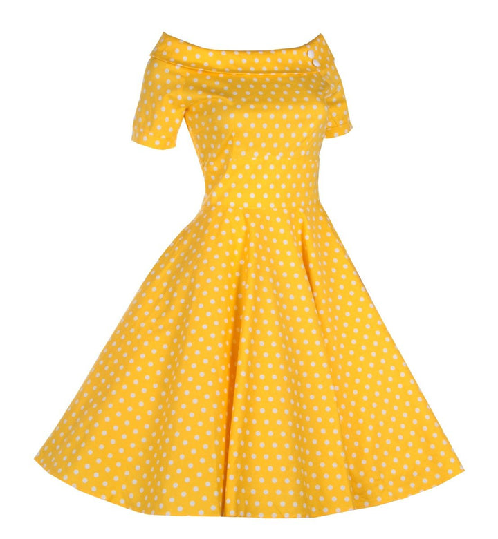 Darlene Retro Yellow Polka Dot Swing Dress Dolly and Dotty