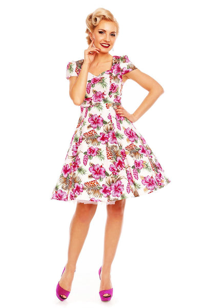 Woman's Flirty Fifties Swing Floral Orchid Dress in White/Pink