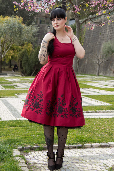 Embroidered Scoop Neck Swing Dress in Burgundy Black