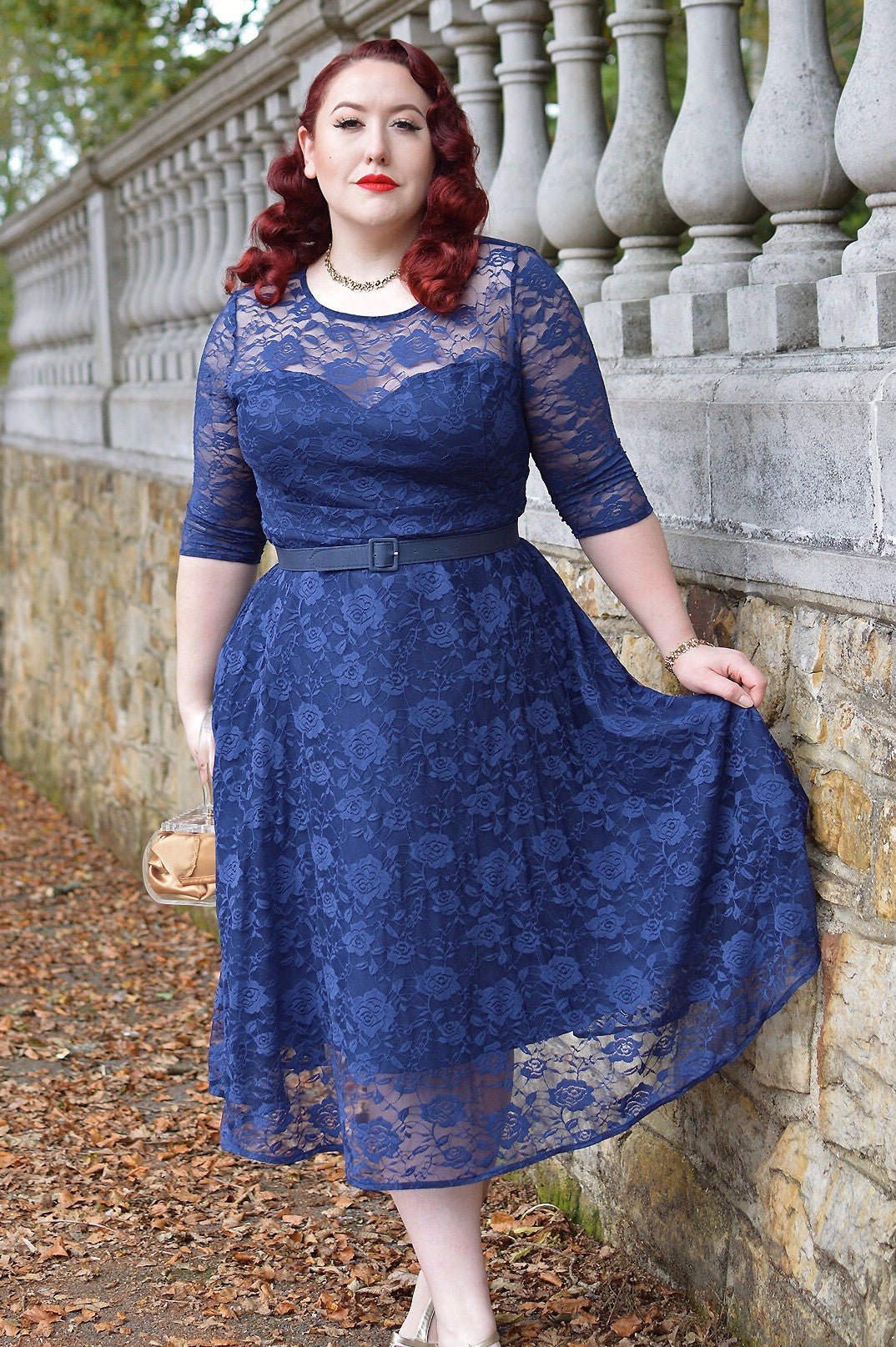 Evening Long Sleeved Navy Blue Lace Dress