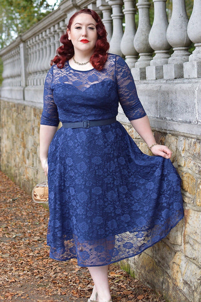 Evening Long Sleeved Navy Blue Lace Dress