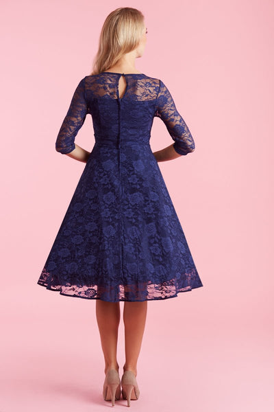 Evening Long Sleeved Navy Blue Lace Dress