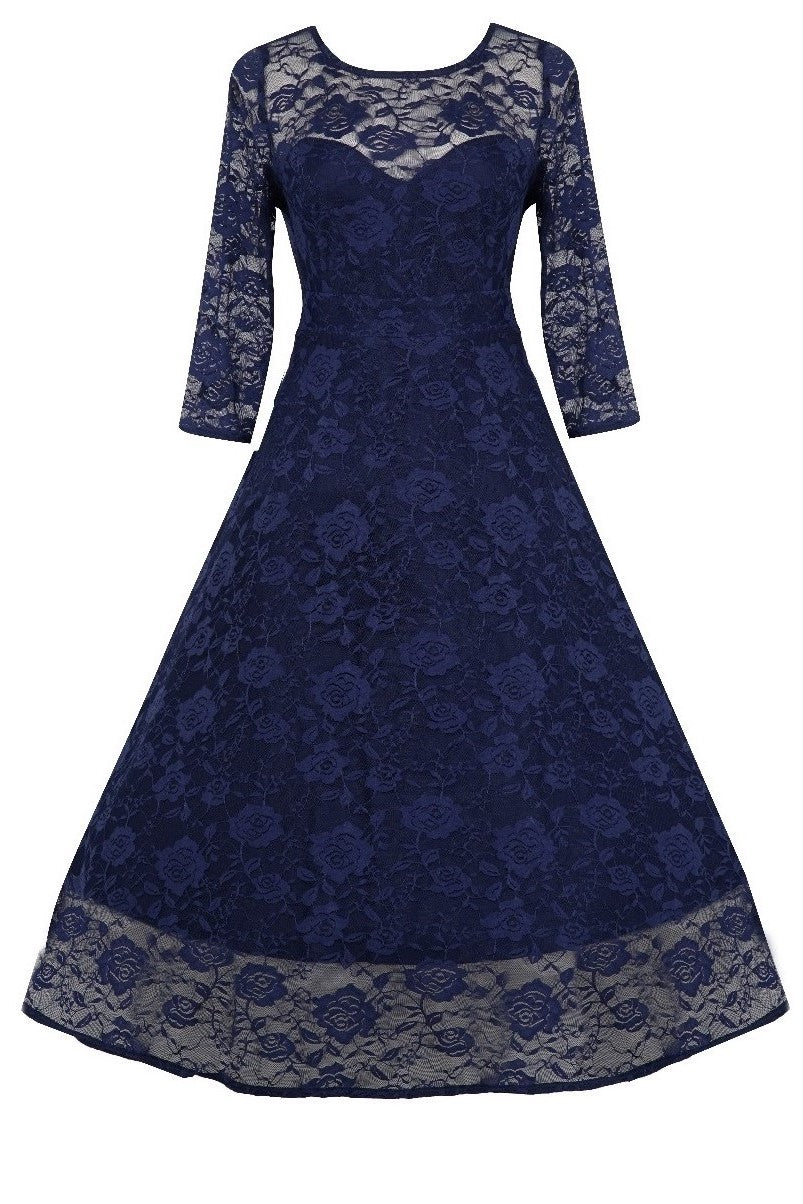 Evening Long Sleeved Navy Blue Lace Dress