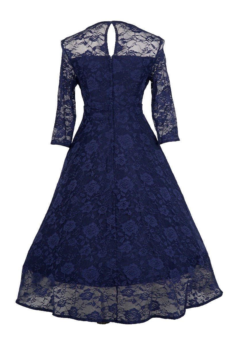 Evening Long Sleeved Navy Blue Lace Dress