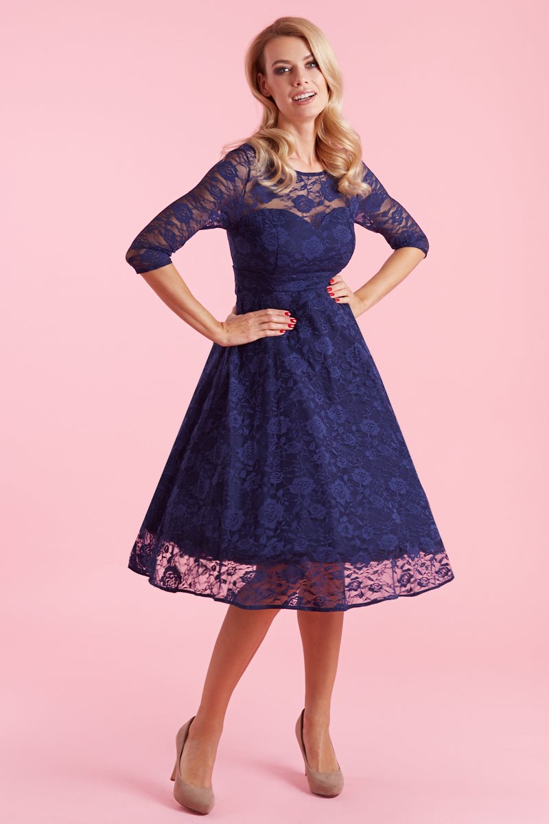 Evening Long Sleeved Navy Blue Lace Dress