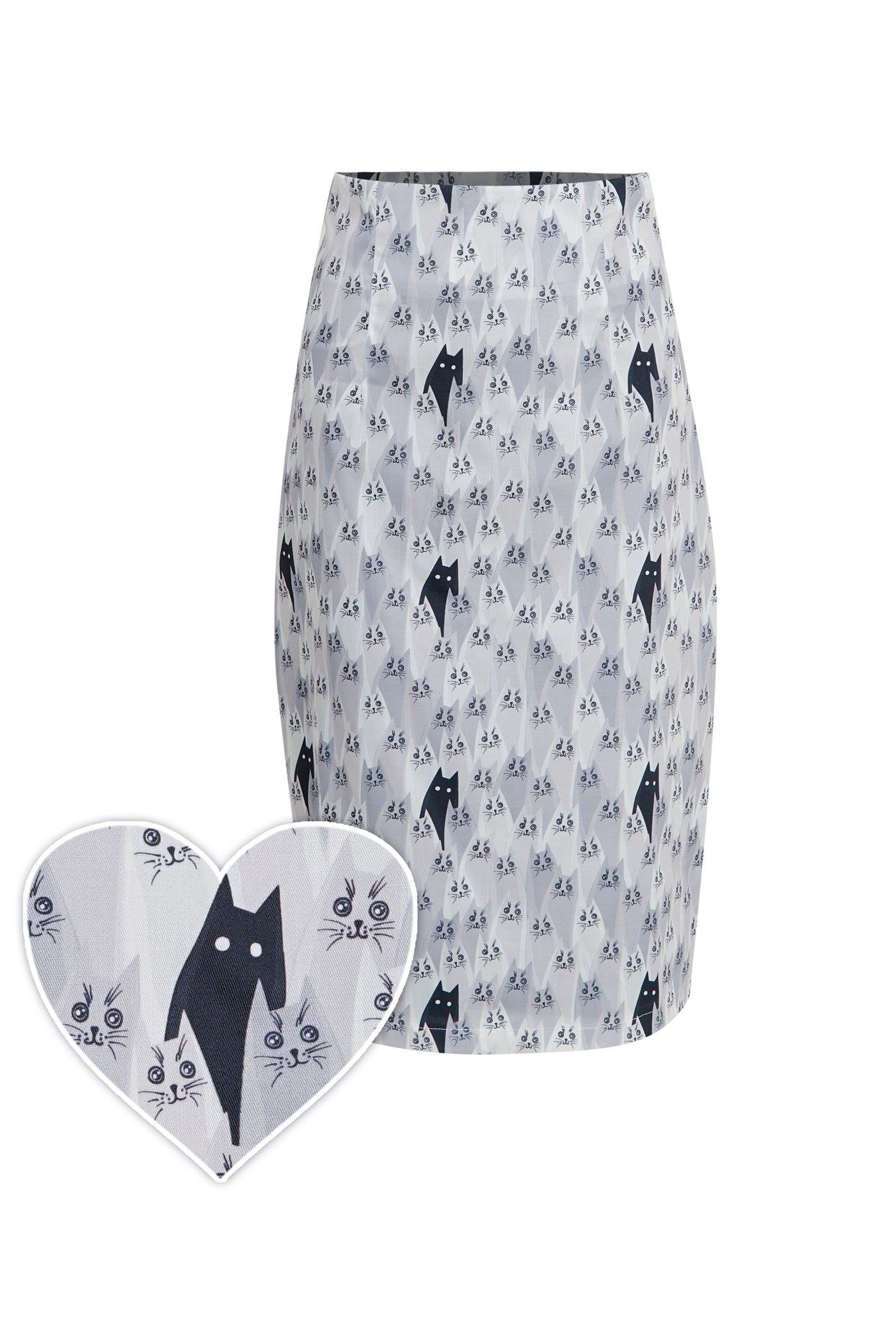 Front view of White cat print pencil skirt