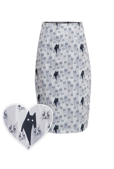 Front view of White cat print pencil skirt