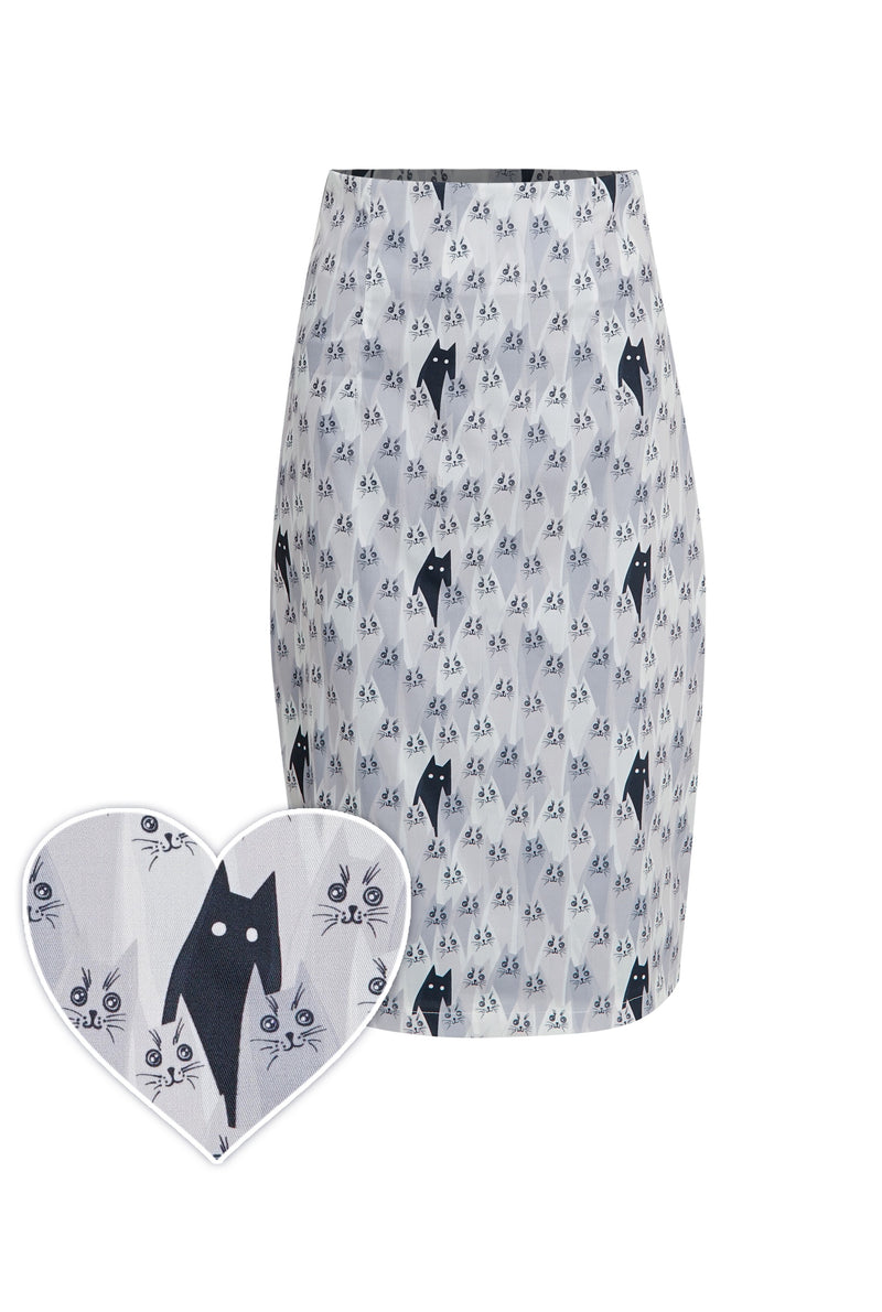 Front view of White cat print pencil skirt