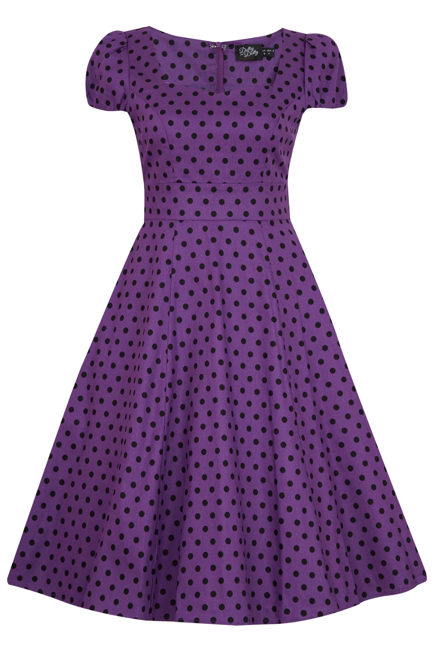 Fifties Polka Dot Dress in Purple Black front view