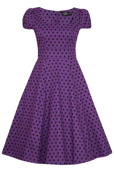 Fifties Polka Dot Dress in Purple Black front view
