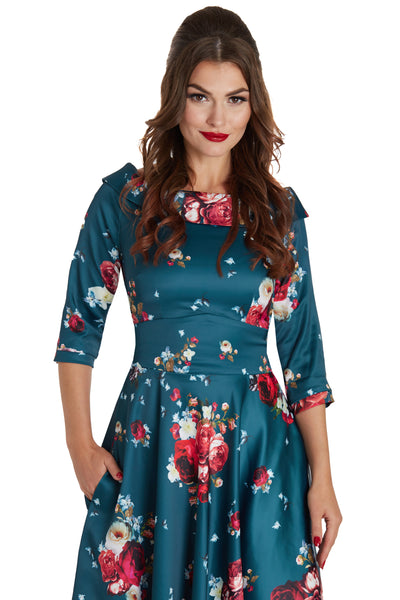 Flattering Long Sleeved Swing Dress in Blue and Pink Roses