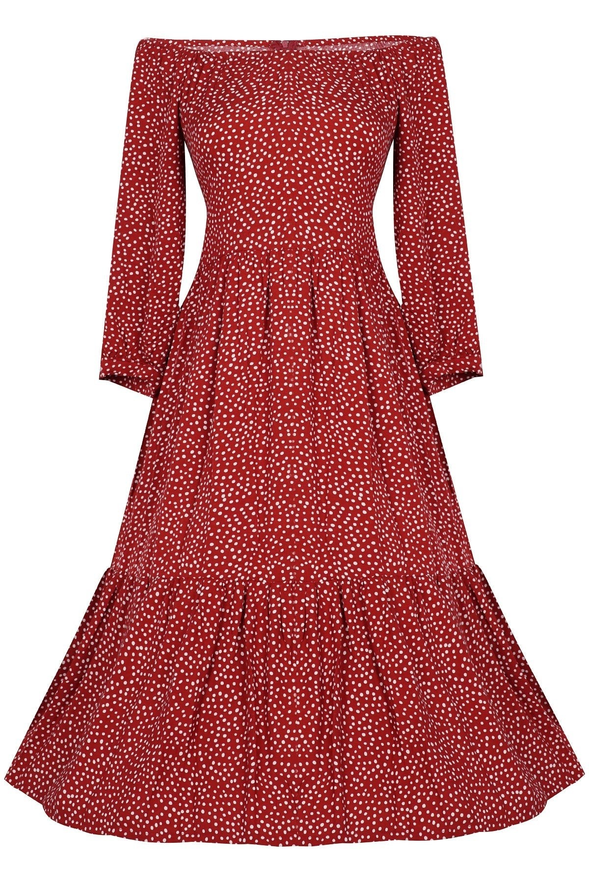 Front view of Floaty Day Dress in Burgundy Polka Dots