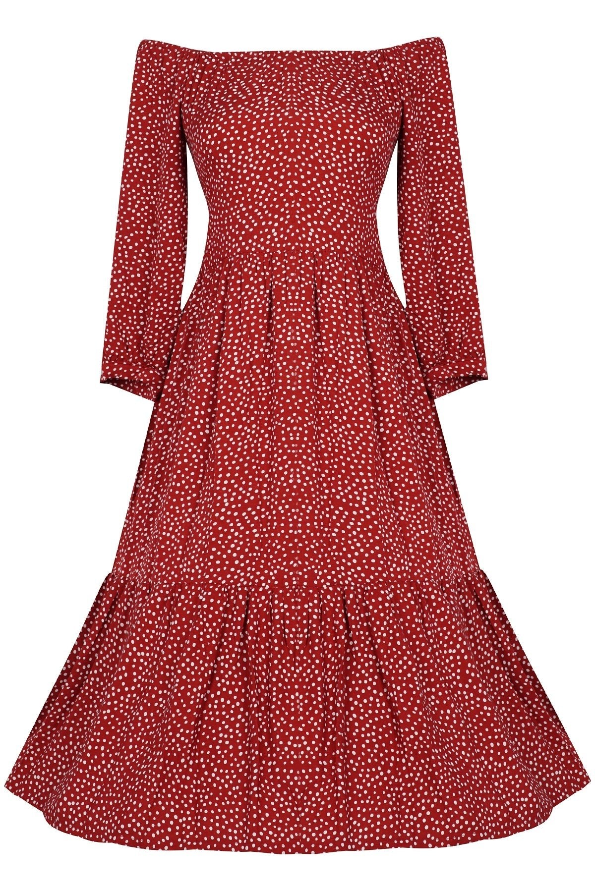 Back view of Floaty Day Dress in Burgundy Polka Dots