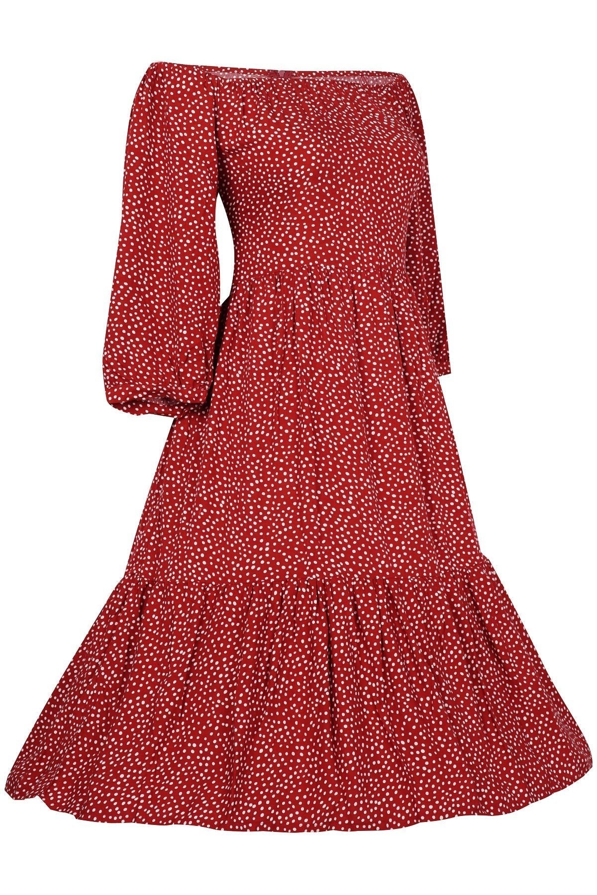 Side view of Floaty Day Dress in Burgundy Polka Dots