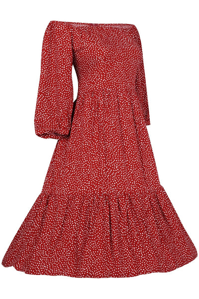 Side view of Floaty Day Dress in Burgundy Polka Dots
