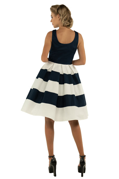 Model in Striped Swing Dress in Navy and White back view