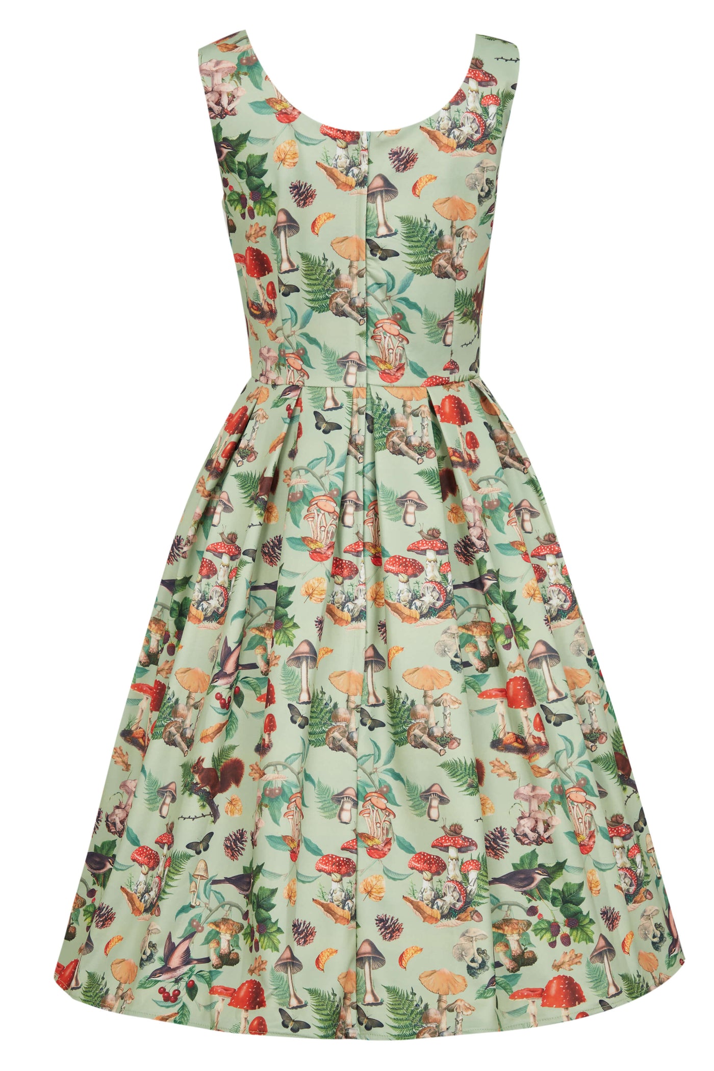 Green Woodland Print Vintage Swing Dress back view