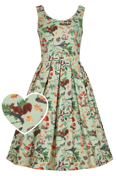 Green Woodland Print Vintage Swing Dress front view