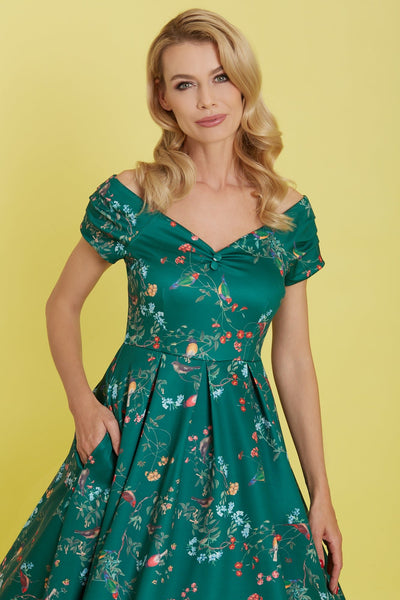 Woman's Green Bird Forest Off Shoulder Swing Dress