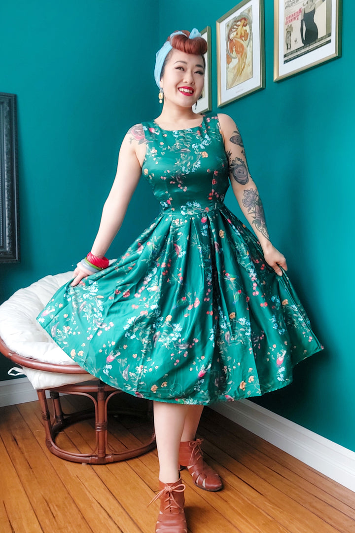 Annie Vintage Dress in Dark Green Floral Bird Print Annie Vintage Dress in Dark Green Floral Bird Print
