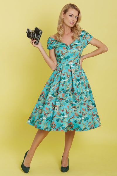 Woman's Green Forest Dinosaur Off Shoulder Dress