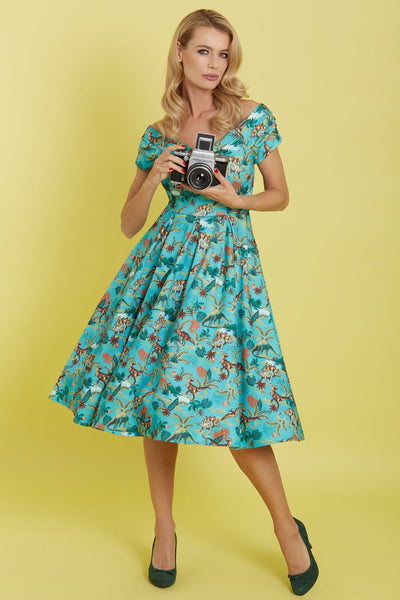 Woman's Green Forest Dinosaur Off Shoulder Dress