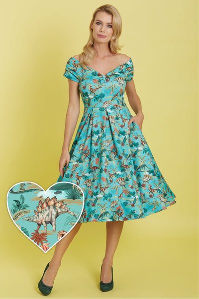 Woman's Green Forest Dinosaur Off Shoulder Dress