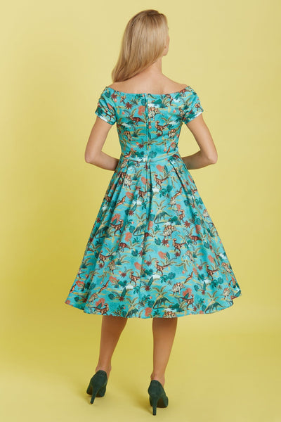 Woman's Green Forest Dinosaur Off Shoulder Dress