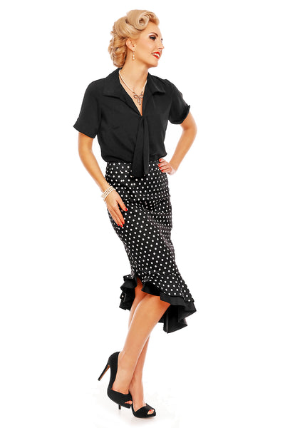 High Waist 50s Style Ruffle Skirt In Black Polka Dots