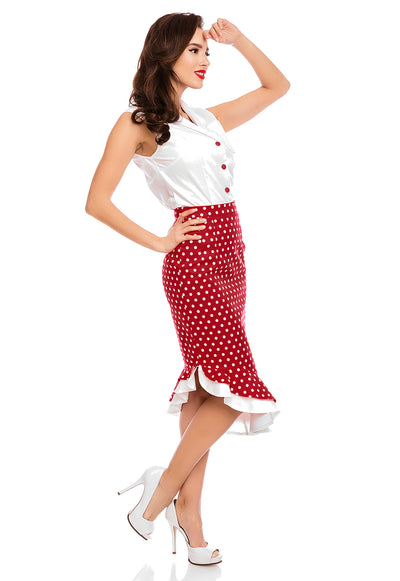 High Waist 50s Style Ruffle Skirt In Red Polka Dots