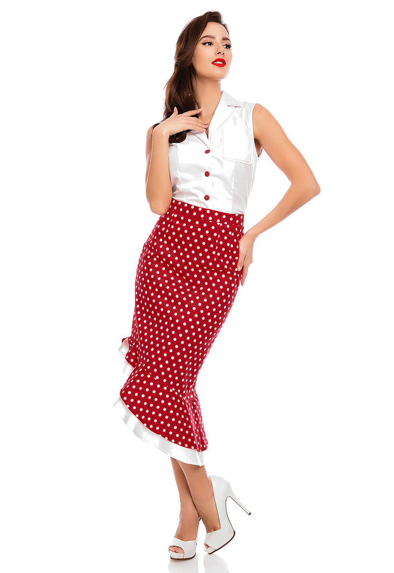 Red and white polka dot high waisted skirt on sale