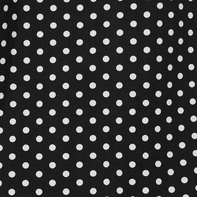 black fabric, with white polka dots