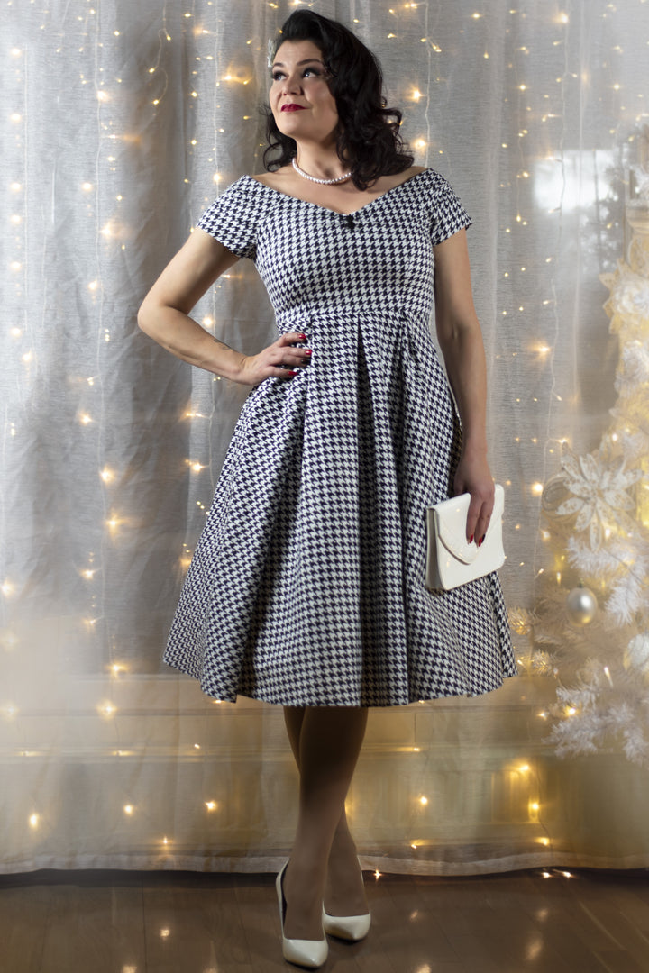 houndstooth dress for women Lily Houndstooth Sleeved Full Circle Dress in Black/White