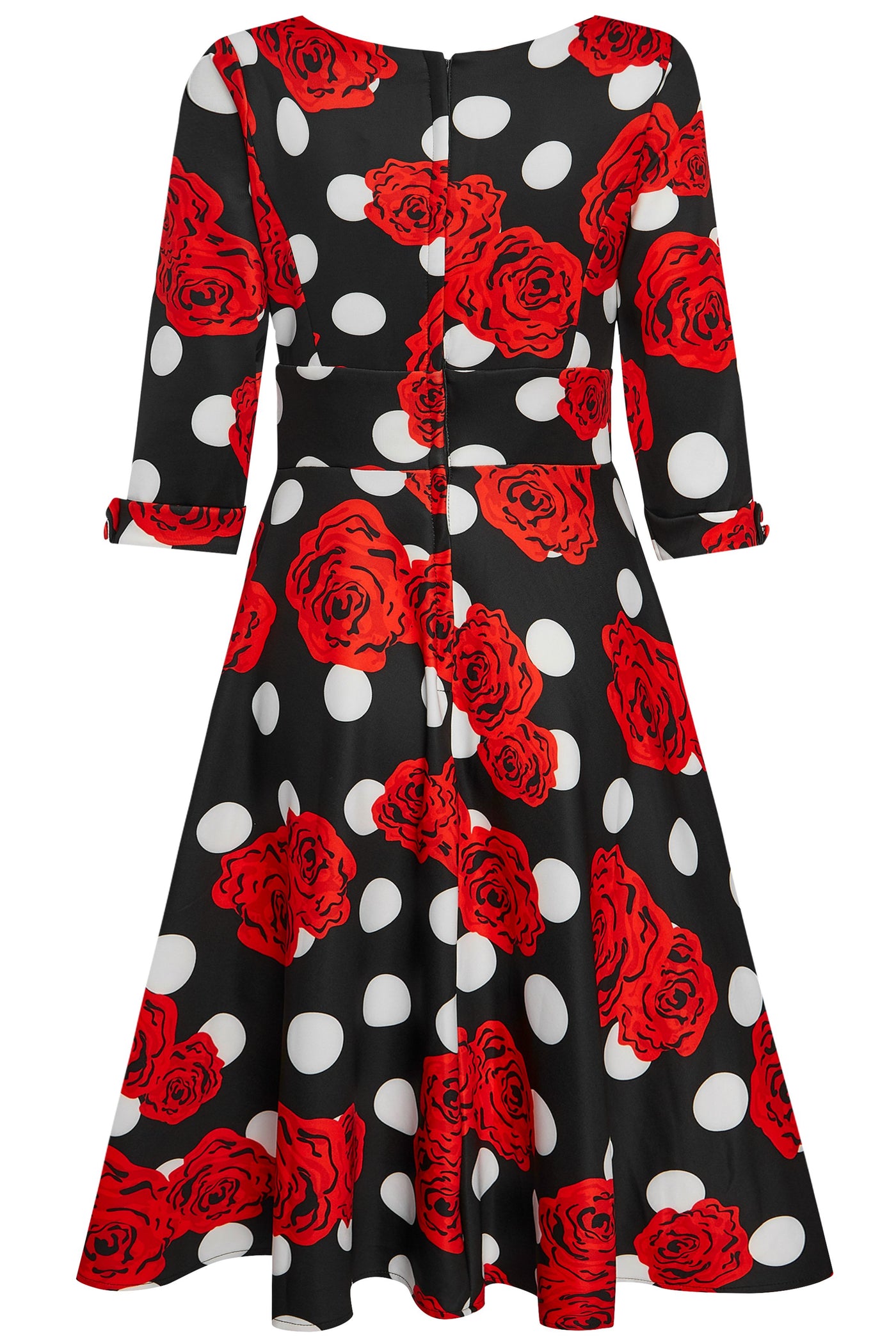 Scarlette Long-Sleeved Stretchy Dress Rose & White Polka Dots in Black