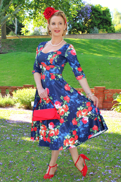 Scarlette Long Sleeved Navy Floral Midi Dress