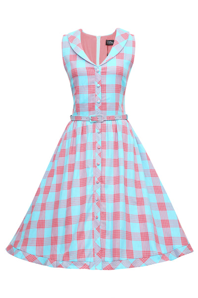 Blue and pink check shirt dress with buttons